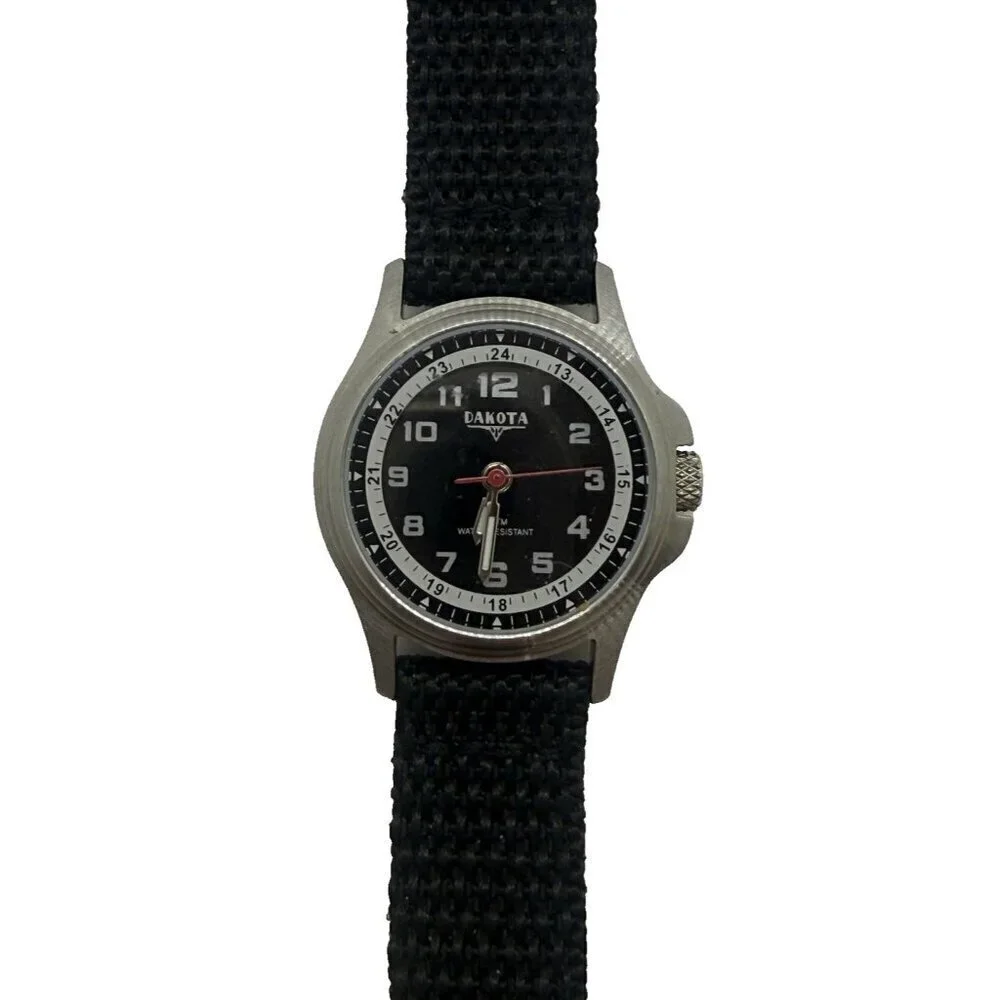 Dakota Round Stainless Steel Watch Canvas Black Band Mineral Glass Crystal 3 ATM